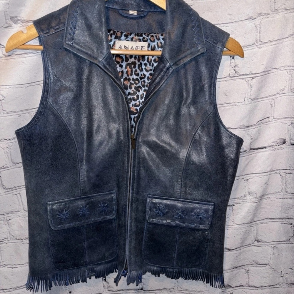 Anage Women's Dark Blue Leather Vest Zip Up Pockets Fringe Boho Western Cowgirl